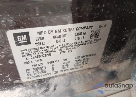 2015 Chevrolet Trax Lt z USA, uszkodzony, nr VIN KL7CJLSB0FB230979